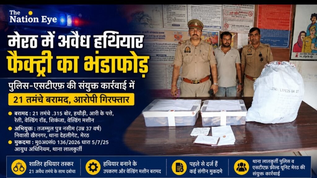 मेरठ में अवैध हथियार फैक्ट्री का भंडाफोड़, पुलिस-एसटीएफ की संयुक्त कार्रवाई में 21 तमंचे बरामद